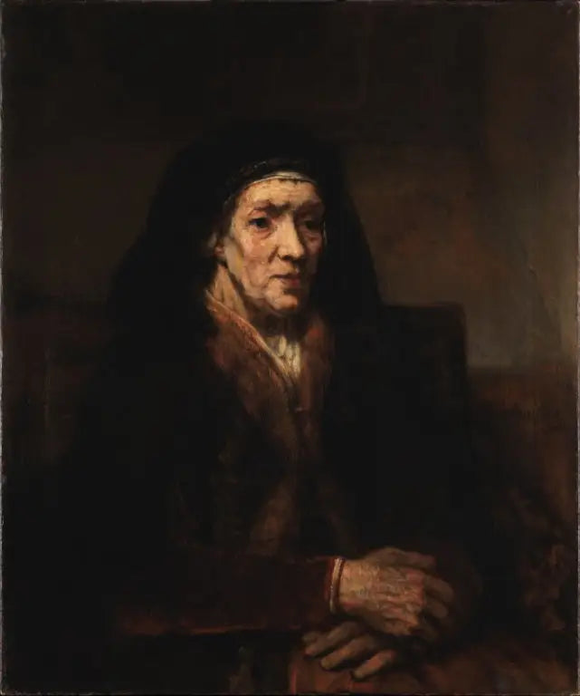 Porträt einer alten Frau, die mit gefalteten Händen sitzt - Rembrandt