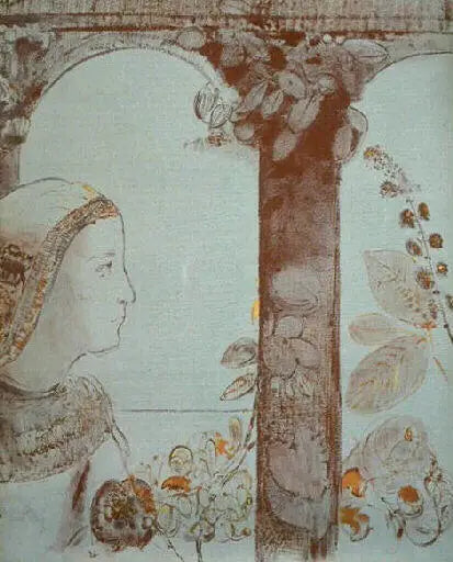 Porträt eines jungen Mädchens vor einem Hintergrund von Arkaden - Odilon Redon