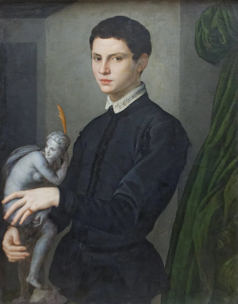 Porträt eines jungen Mannes, der eine Statuette hält - Bronzino