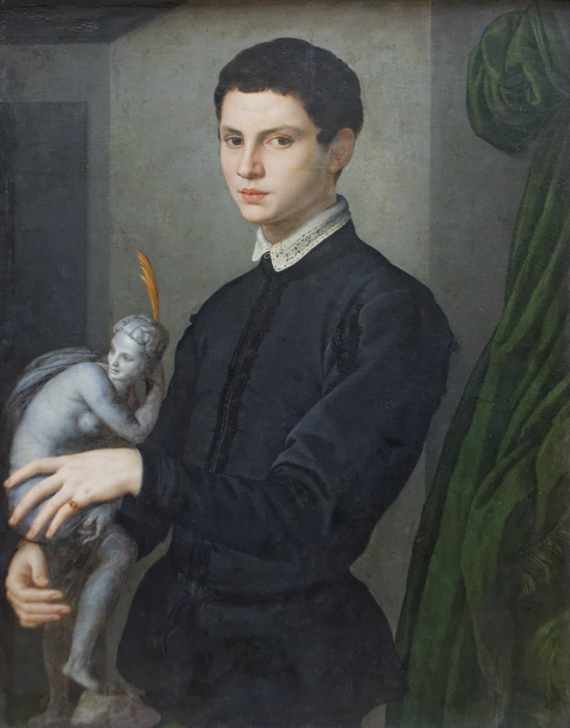 Porträt eines jungen Mannes, der eine Statuette hält - Bronzino