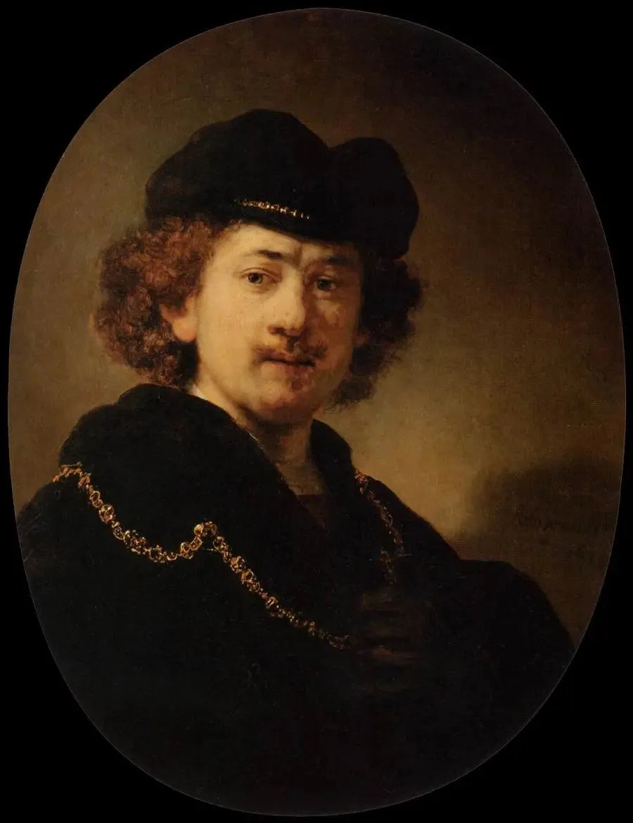 Porträt des Künstlers mit Mütze und goldener Kette - Rembrandt