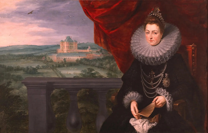 Porträt der Infantin Isabelle mit dem Schloss Mariement im Hintergrund - Peter Paul Rubens