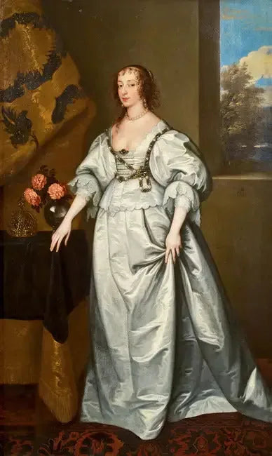 Porträt der Königin Henriette Marie stehend in einem weißen Satin-Kleid - Antoine van Dyck