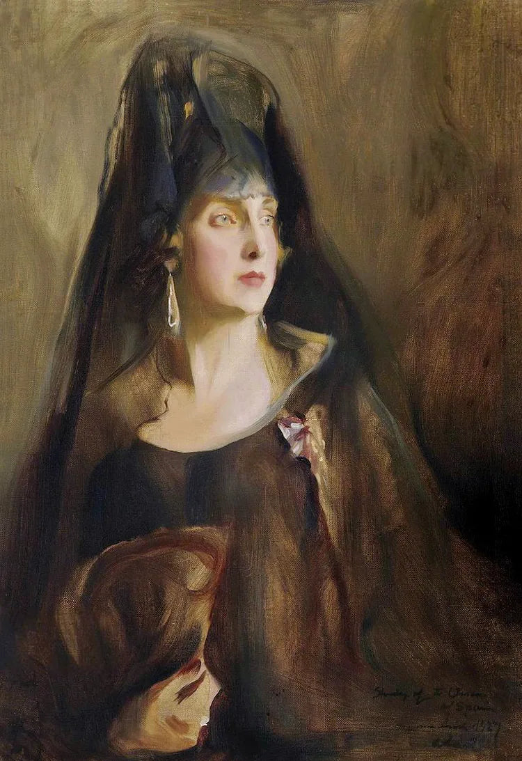 Portrait de la reine Victoria Eugénie d'Espagne (1887-1969), en buste, vêtue d'une simple robe noire sans manches, l'Ordre de la Reine Marie-Louise sur un ruban violet et blanc épinglé à sa robe, tenant un éventail dans sa main droite - Philip de László image 1 tableau peint à l’huile sur toile