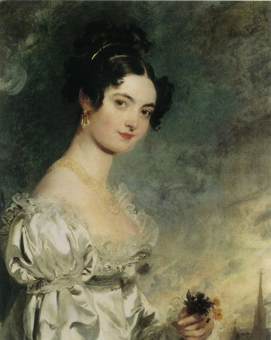 Portrait von Lady Selina Meade (1797–1872), halbfigur, in einem ivoiretfarbenen Satin-Kleid, mit dem Pfeil des Stephansdoms in Wien, im Hintergrund - Thomas Lawrence