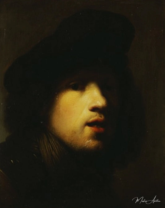 Portrait de l'artiste, tête et épaules, avec un béret noir et un gorget - Rembrandt van Rijn - Reproductions de tableaux et peintures haut de gamme