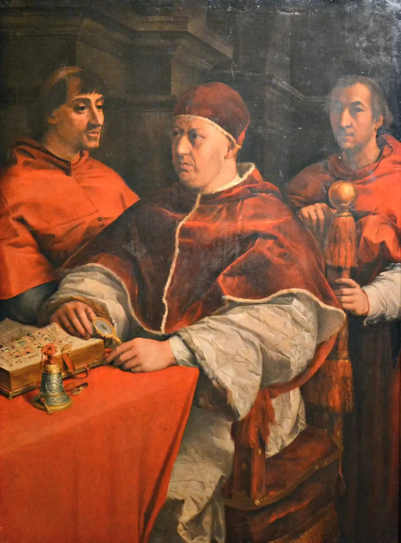 Porträt von Leo X. mit den Kardinälen Giulio de' Médicis und Luigi de' Rossi - Andrea del Sarto
