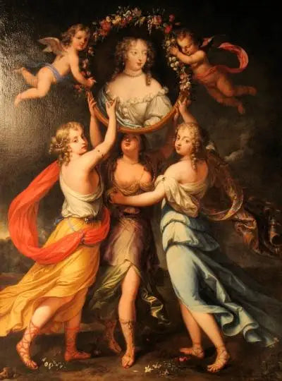 Porträt von Madame de Montespan, gestützt auf die Gnaden und gekrönt von den Liebesgöttern - Pierre Mignard