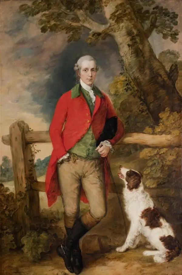 Portrait von Robert Thistlethwayte de Norman Court, stehend im Vollbild, gekleidet in einen roten Mantel, eine grüne Weste und eine Chamois-Hose, eine Dose haltend, gegen einen Zaun gelehnt, ein Spaniel zu seiner Seite - Thomas Gainsborough