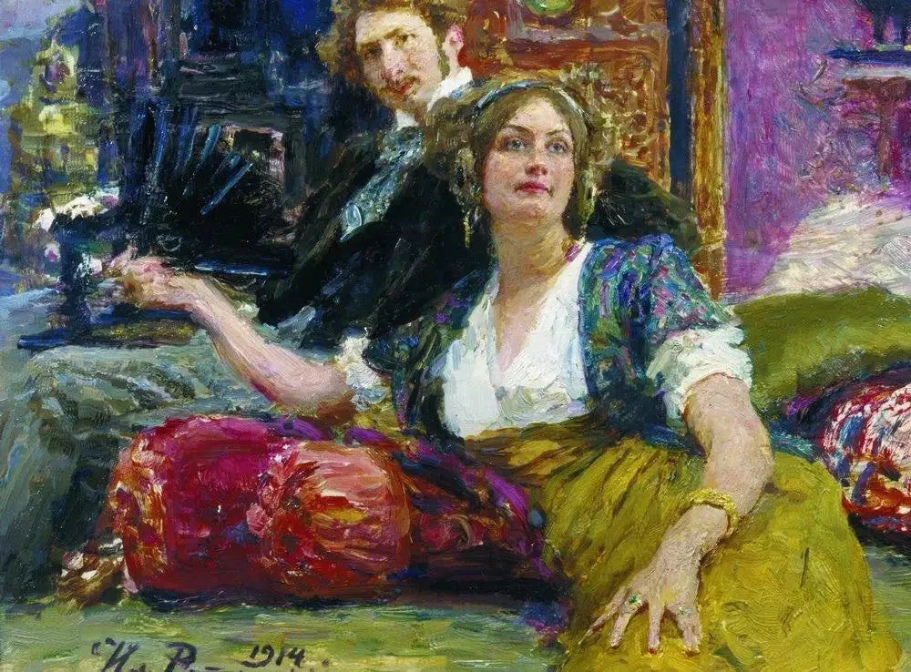 Portrait du poète, prosateur, traducteur et dramaturge Sergueï Mitrofanovitch Gorodetski avec sa femme - Ilya Repin image 1 copie de tableau peinte à la main