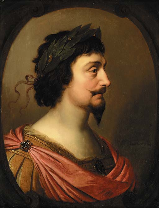 Porträt des Königs Friedrich V. von Böhmen, im Profil, römisch, in einem ovalen, falschen Kartuschenrahmen - Gerrit van Honthorst