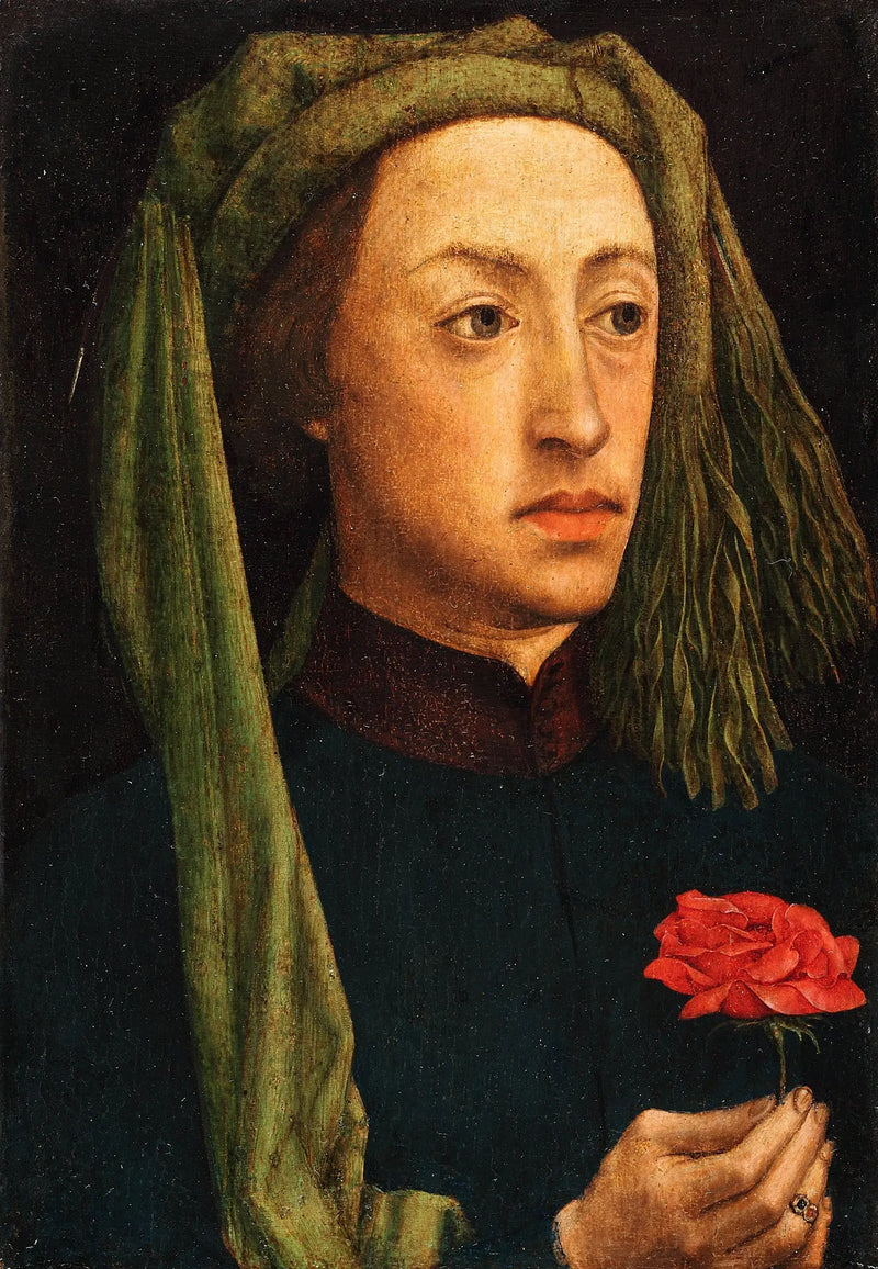 Portrait eines jungen Mannes, der eine rote Rose hält - Jan van Eyck
