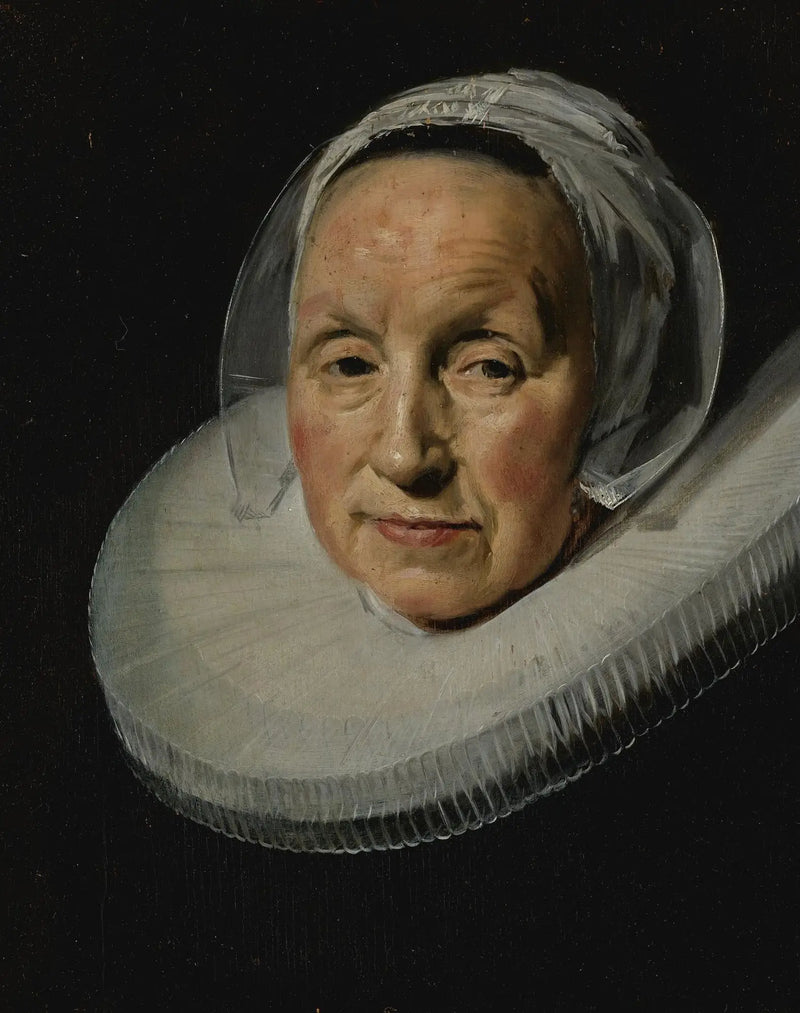 Porträt einer Frau mit einer vergrößerten und zugeschnittenen Halskrause im Vergleich zu ihrer Originalgröße - Frans Hals