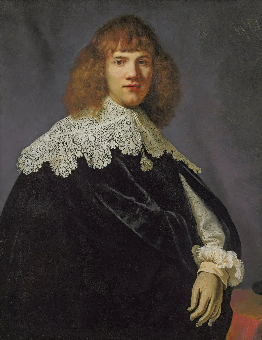 Porträt eines Gentlemans, bis zur Hüfte, gekleidet in einen schwarzen Samtmantel mit einem Kragen und Manschetten aus weißer Spitze - Rembrandt