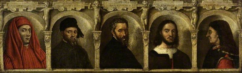 Porträts von fünf Künstlern, Giotto, Donatello, Michelangelo, Raphael und Brunelleschi - Francesco Salviati