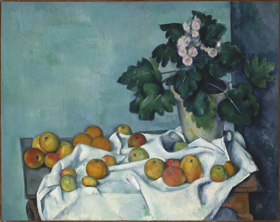 Primel- und Obsttopf auf einem Tisch - Paul Cézanne