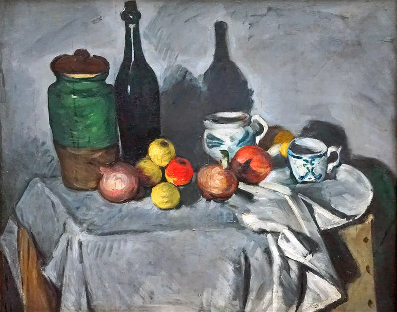 Töpfe, Flasche, Tasse und Früchte - Paul Cézanne
