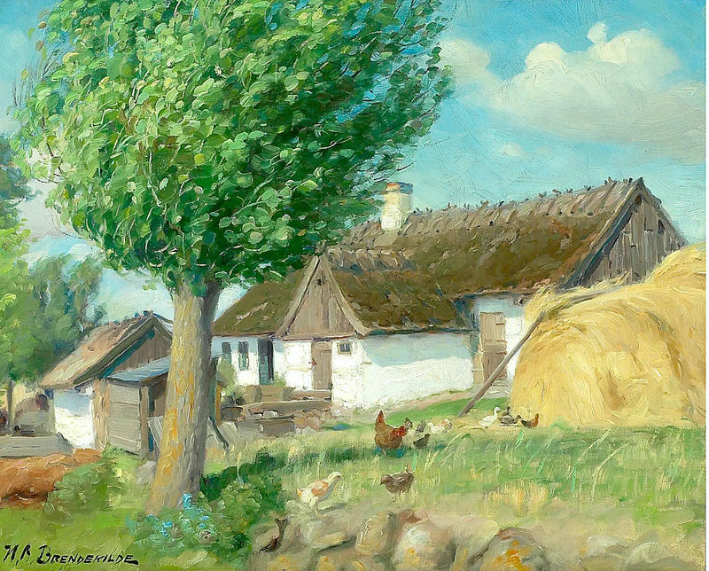 Hühner vor einem Bauernhof mit Strohdach. - H. A. Brendekilde