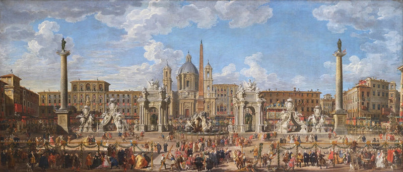 Vorbereitung des Feuerwerks und der Dekoration des Festes auf dem Navona-Platz, in Rom, am 30. November 1729, anlässlich der Geburt des Dauphins - Giovanni Paolo Panini