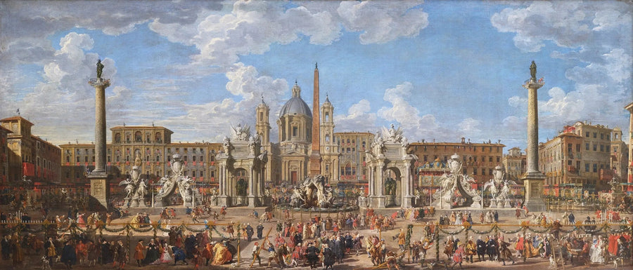Vorbereitung des Feuerwerks und der Dekoration des Festes auf dem Navona-Platz, in Rom, am 30. November 1729, anlässlich der Geburt des Dauphins - Giovanni Paolo Panini