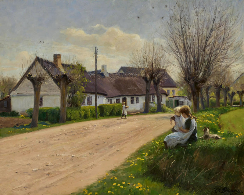 Frühling in einem Dorf mit Mädchen am Straßenrand. - H. A. Brendekilde