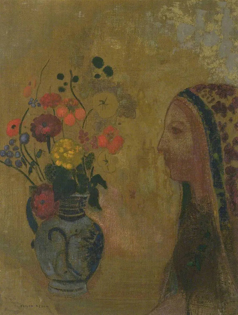 Frauenprofil mit Blumenvasen - Odilon Redon