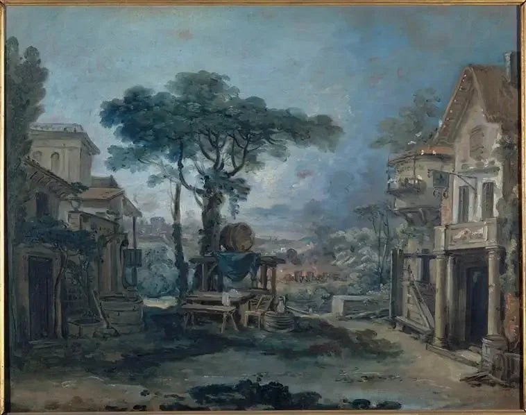 Projekt für eine Theaterdekoration: der Platz eines Dorfes - François Boucher