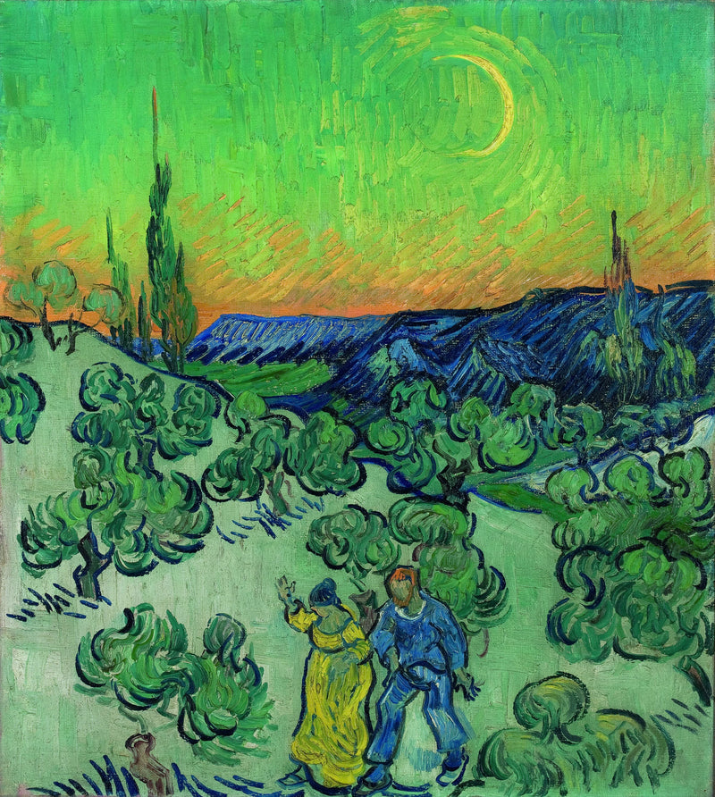 Landschaft mit einem wandernden Paar und einer Mondsichel - Vincent van Gogh