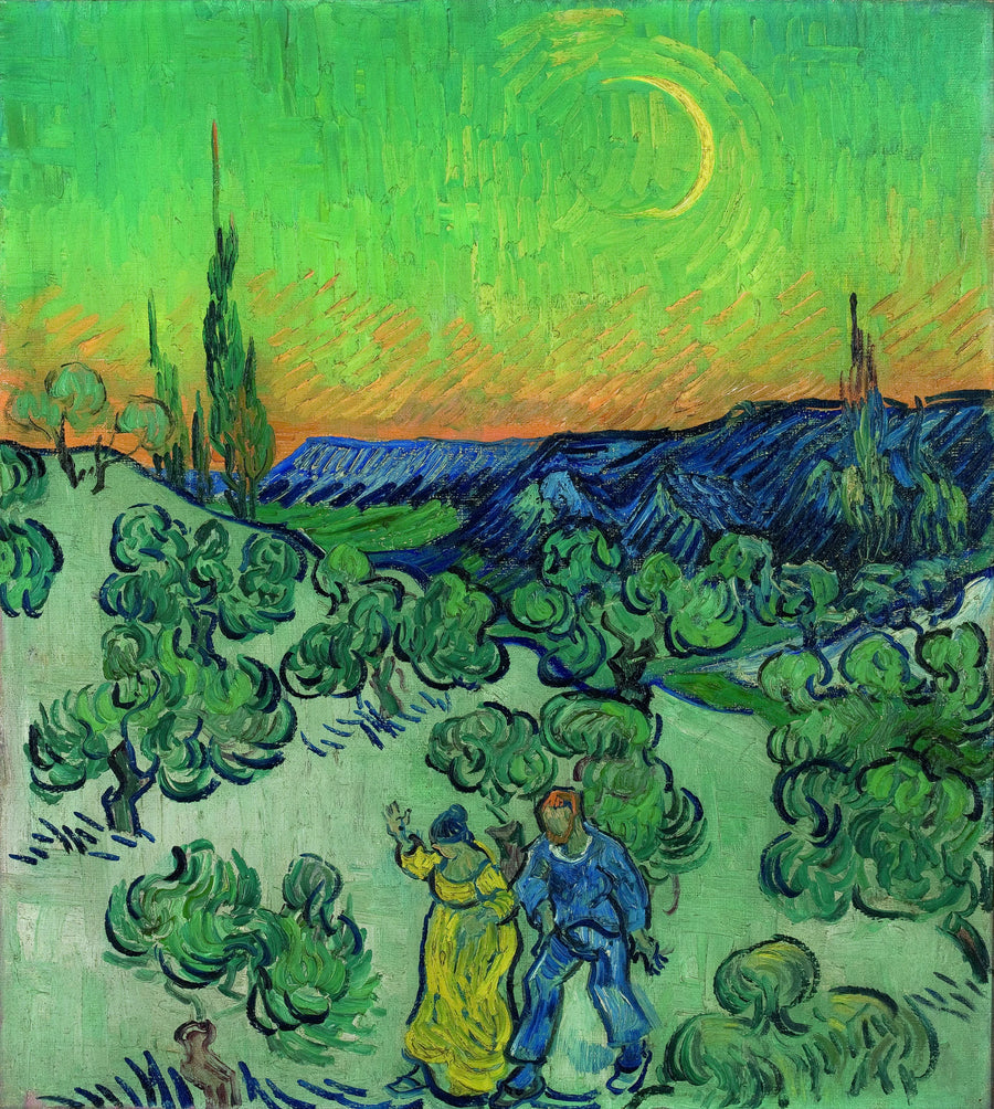 Landschaft mit einem wandernden Paar und einer Mondsichel - Vincent van Gogh