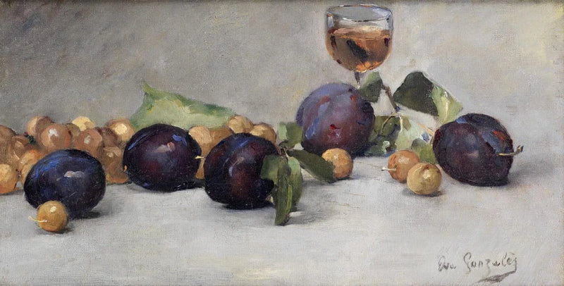 Zwetschgen, getrocknete Rosinen und ein Glas Wasser - Eva Gonzalès