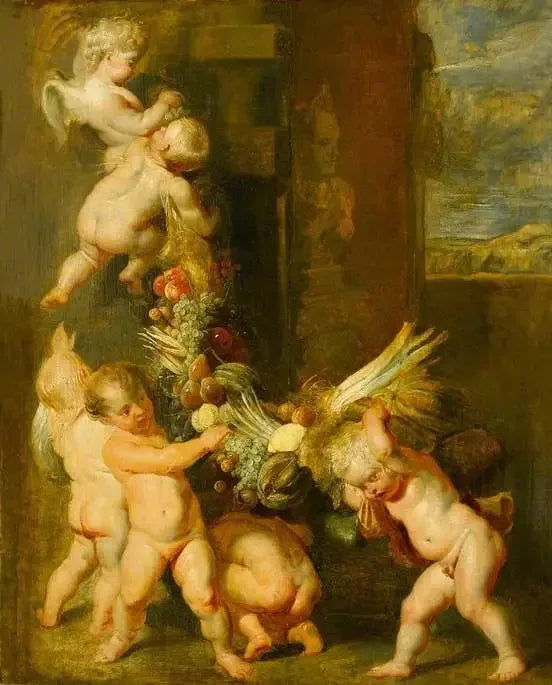 Putti, die eine Girlande aus Früchten tragen - Peter Paul Rubens