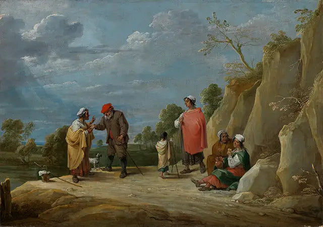 Vier Zigeuner mit einem Kind, einer von ihnen prophezeit einem Bauern die gute Zukunft - David Teniers der Jüngere
