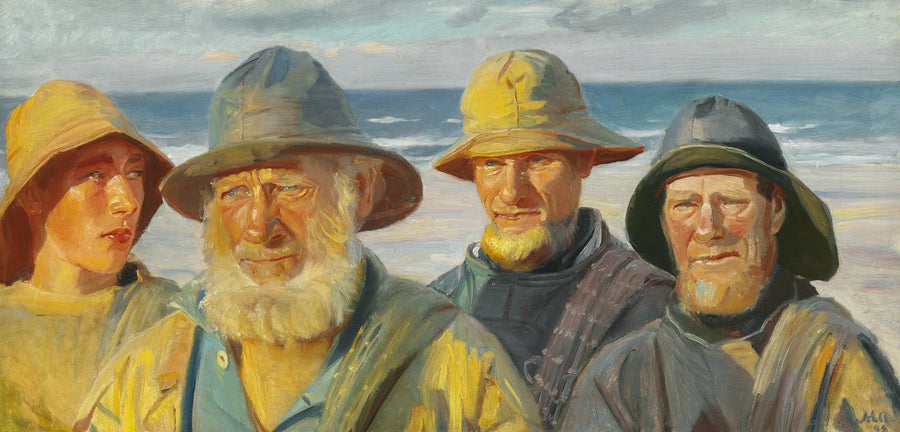 Vier Fischer stehen in der Sonne am Strand von Skagen – Michael Peter Ancher