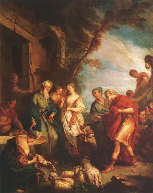 Rebecca erhält von Eliezer die vorliegenden Dokumente von Abraham