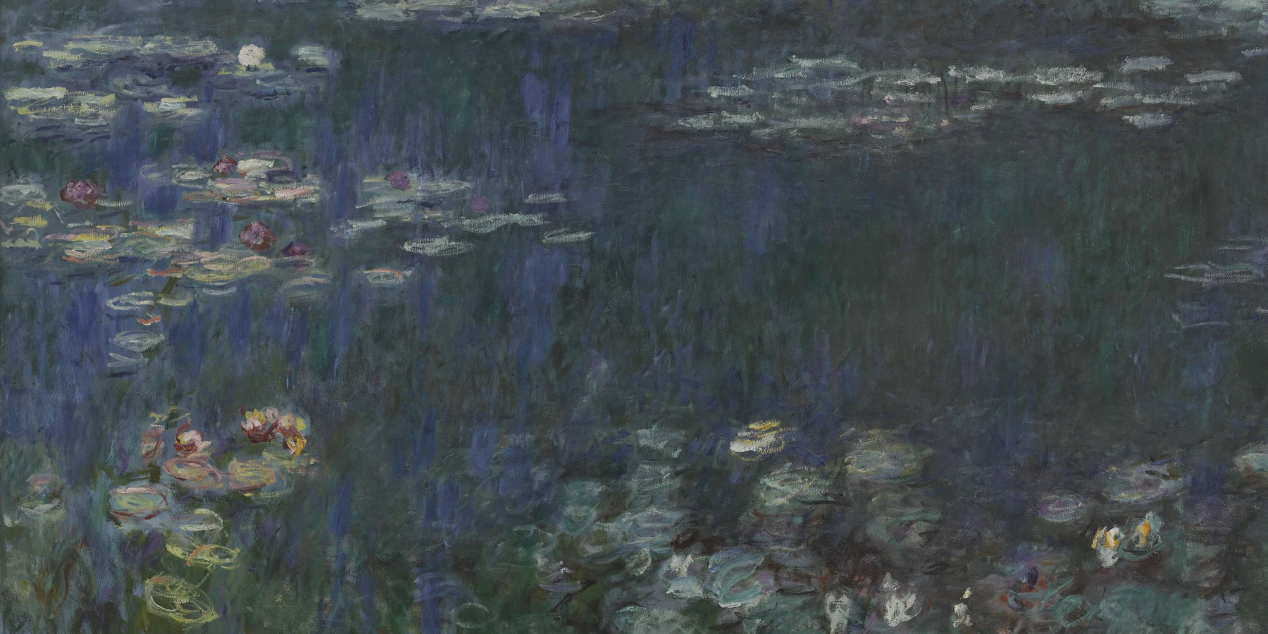 Détail des nymphéas et des reflets vert bleu dans Reflets verts INV 20102 de Claude Monet