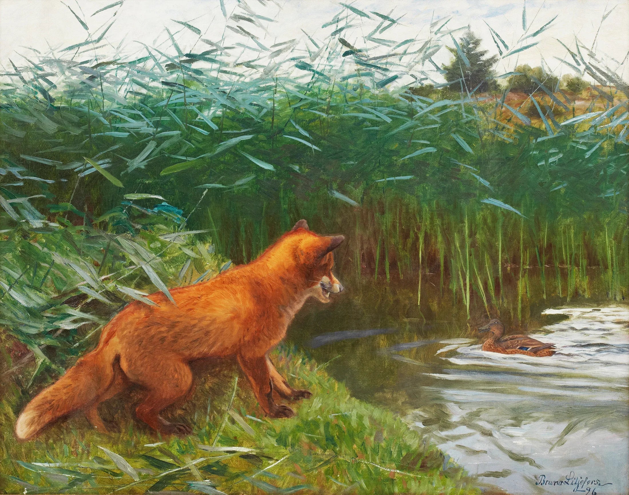 Renard à l'affût - Bruno Liljefors image 1 reproduction de peinture à l’huile