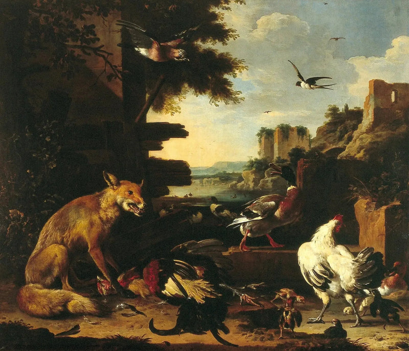 Fuchs mit Hahn und toten Geflügel in einer Parklandschaft - Melchior de Hondecoeter