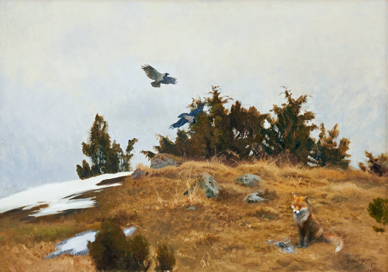 Fuchs mit seiner Beute und Krähen in einer Frühlings-Winter-Landschaft - Bruno Liljefors