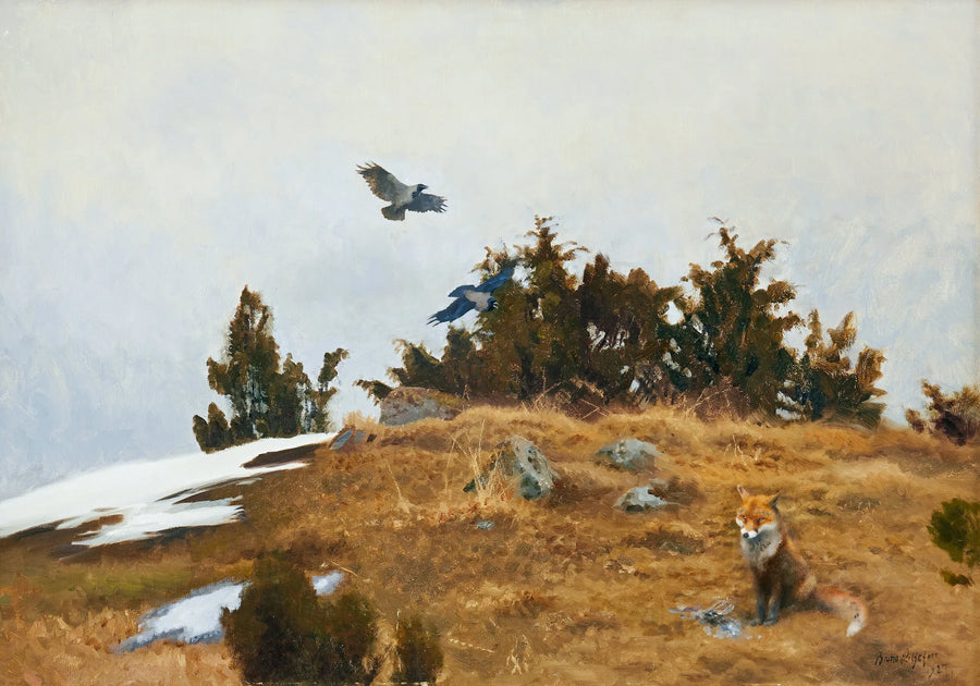 Fuchs mit seiner Beute und Krähen in einer Frühlings-Winter-Landschaft - Bruno Liljefors