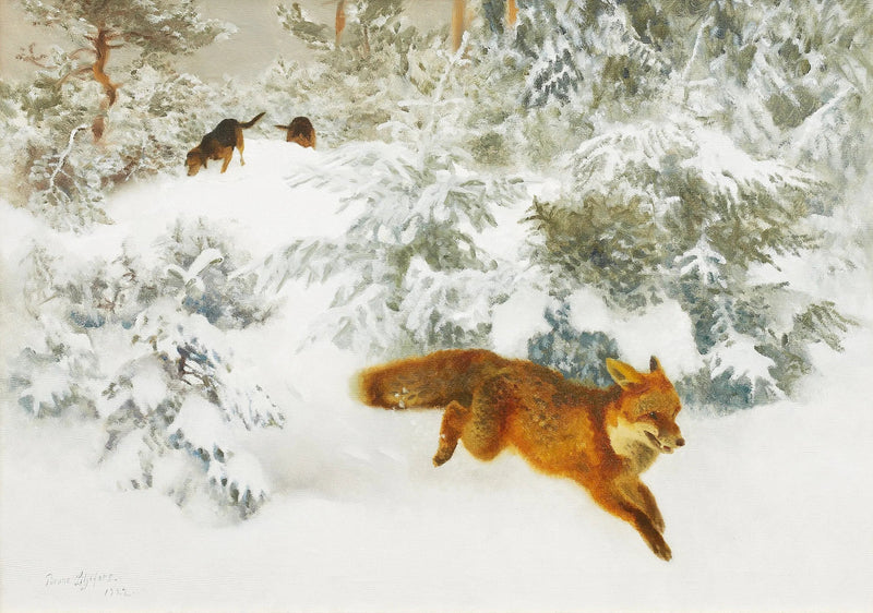 Fuchs in einer Winterlandschaft mit Jagdhunden - Bruno Liljefors