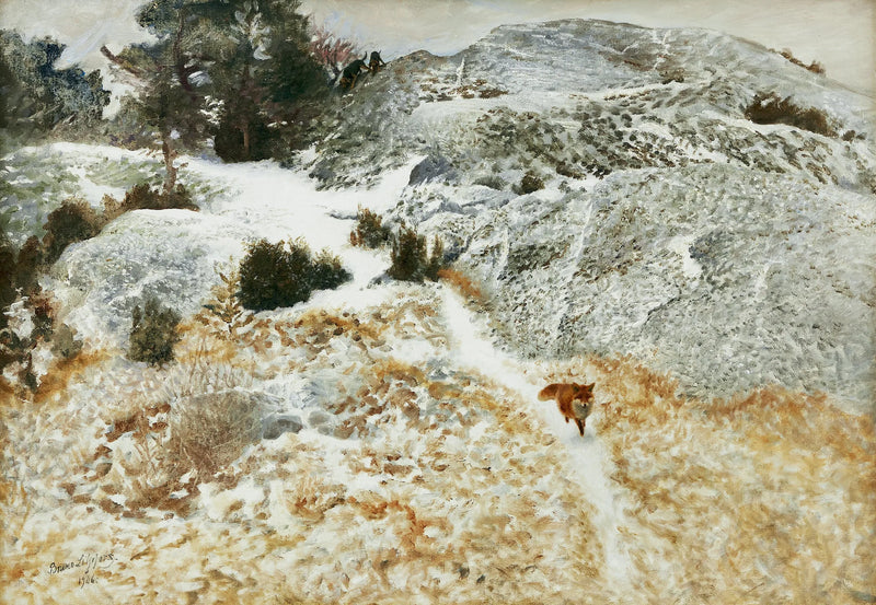 Fuchs und Jagdhunde in einer Winterlandschaft - Bruno Liljefors