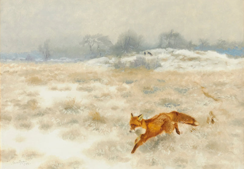 Fuchs und Jagdhunde in einer Winterlandschaft - Bruno Liljefors
