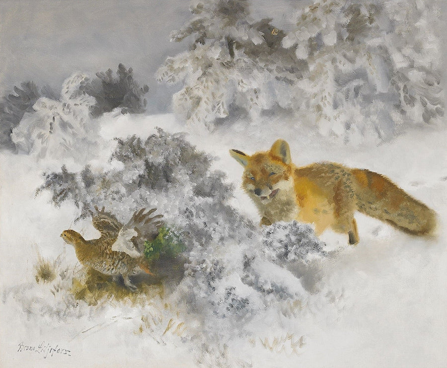Fuchs und Birkhuhnhenne in einer Winterlandschaft - Bruno Liljefors