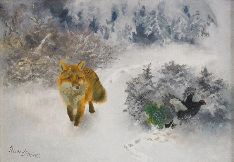 Fuchs- und Birkhuhnmännchen in einer Winterlandschaft - Bruno Liljefors