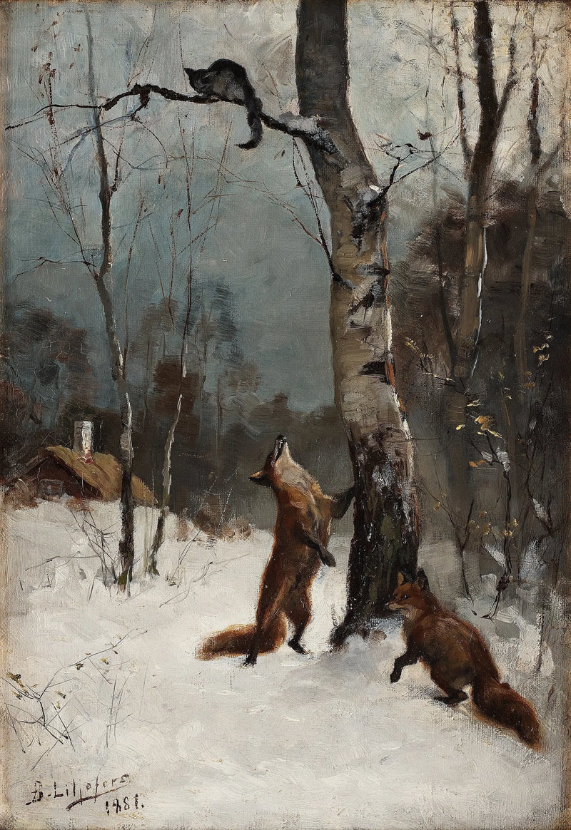Füchse und Katze, Winterlandschaft - Bruno Liljefors
