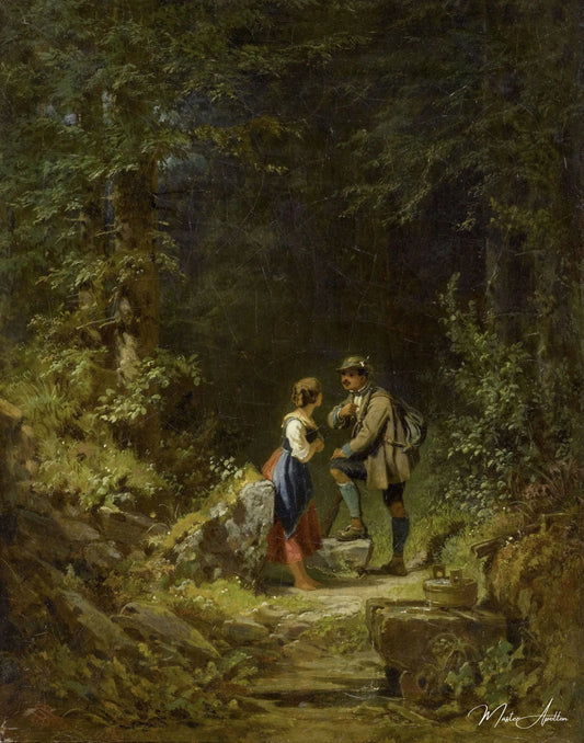 Rencontre dans la forêt (chasseur et laitière au puits de la forêt) - Carl Spitzweg - Reproductions de tableaux et peintures haut de gamme