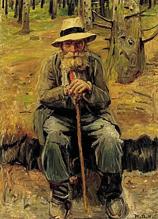 Am Rande eines Waldwegs rastet er. – Michael Peter Ancher