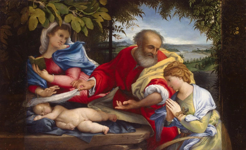 Repos während der Flucht nach Ägypten mit der heiligen Justine - Lorenzo Lotto