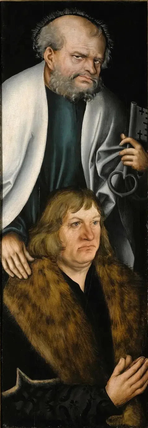 Retabel von Feilitzsch [linke Flügel, Rückseite]: Porträt von Jobst von Feilitzsch mit Heiligem Petrus - Lucas Cranach der Ältere
