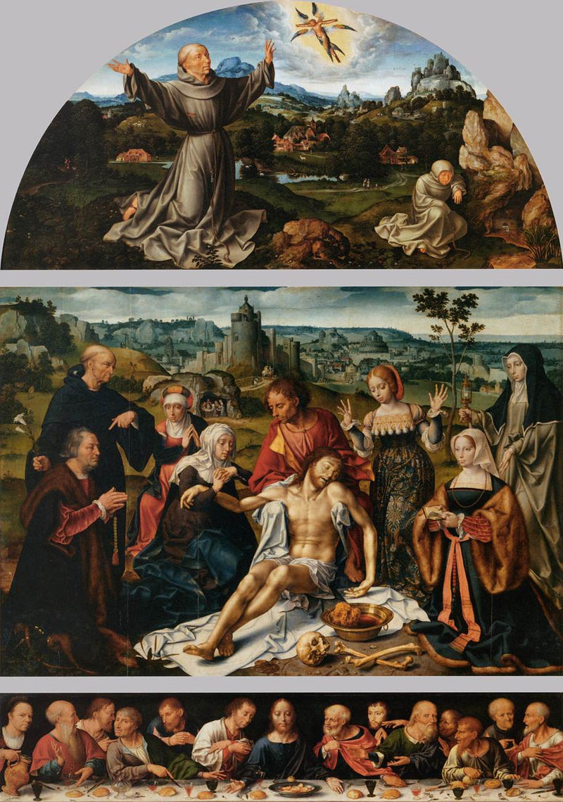 Kreuzabnahme Christi: Die Kreuzabnahme Christi (mittleres Panel); Die Stigmatisierung des heiligen Franziskus (Fenster); Das letzte Abendmahl (Predella) - Joos van Cleve